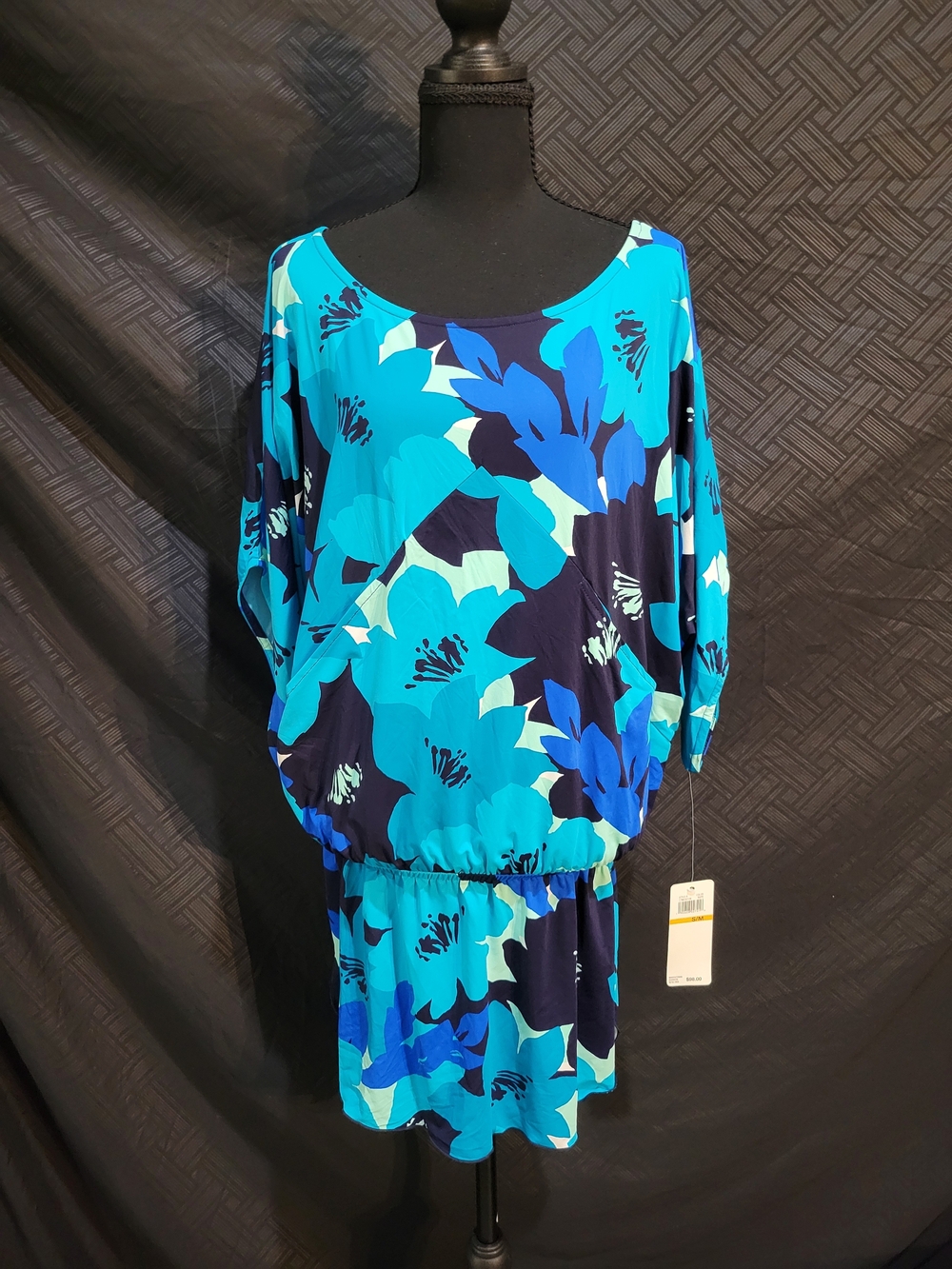 Anne Cole S/M NWT Blue Floral Cover-up Dolman Sleeve And Elastic Waist Dress